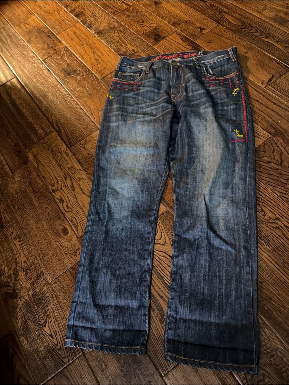 PETE & GRETA Loose Fit Boyfriend Cut Blue Embroidered Straight-Leg Jeans Size 10